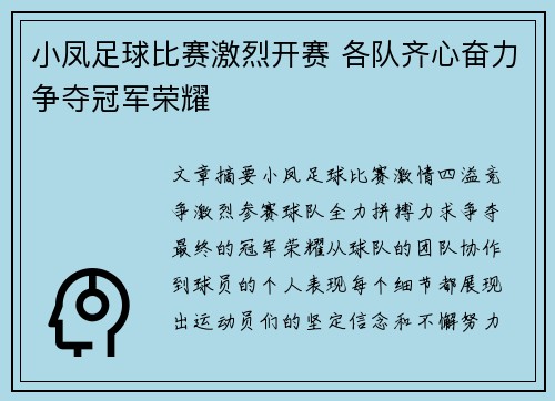 小凤足球比赛激烈开赛 各队齐心奋力争夺冠军荣耀