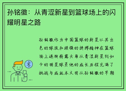 孙铭徽：从青涩新星到篮球场上的闪耀明星之路