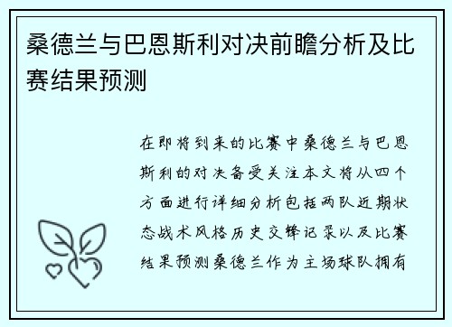 桑德兰与巴恩斯利对决前瞻分析及比赛结果预测