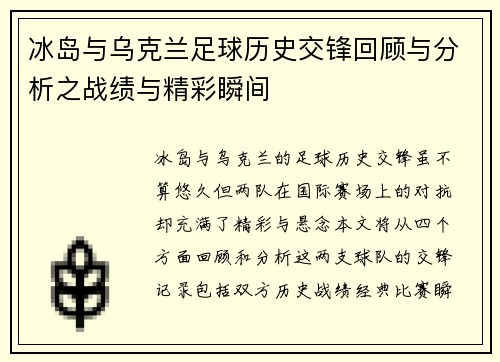 冰岛与乌克兰足球历史交锋回顾与分析之战绩与精彩瞬间