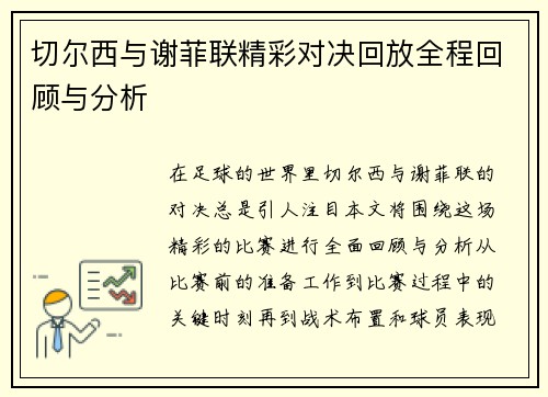 切尔西与谢菲联精彩对决回放全程回顾与分析