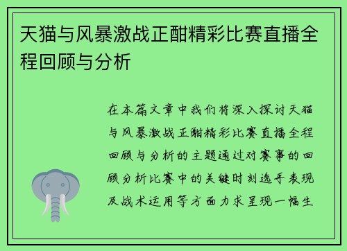 天猫与风暴激战正酣精彩比赛直播全程回顾与分析