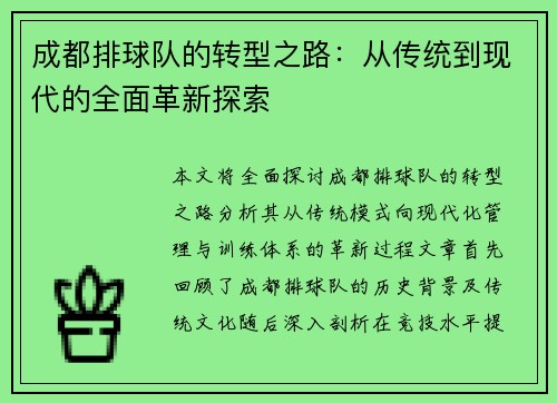 成都排球队的转型之路：从传统到现代的全面革新探索